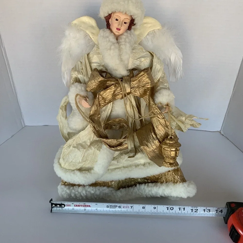 Vtg Paper Mache Fabric Faux Fur Angel Tree Topper Table Decor Cream Gold 16